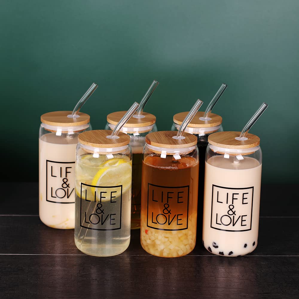 Tzerotone Drinking Jars with Bamboo Lids and Straws, 16 OZ Iced Coffee Cups with Lids, Cute Beer Can Shaped Glass Cups with Glass Straws for Bars, Party