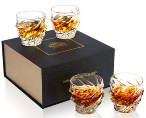 kanars whiskey glasses for men, 9 oz crystal bourbon glass set of 4, old fashioned rocks barware for scotch cognac vodka cocktail rum, whisky gifts set