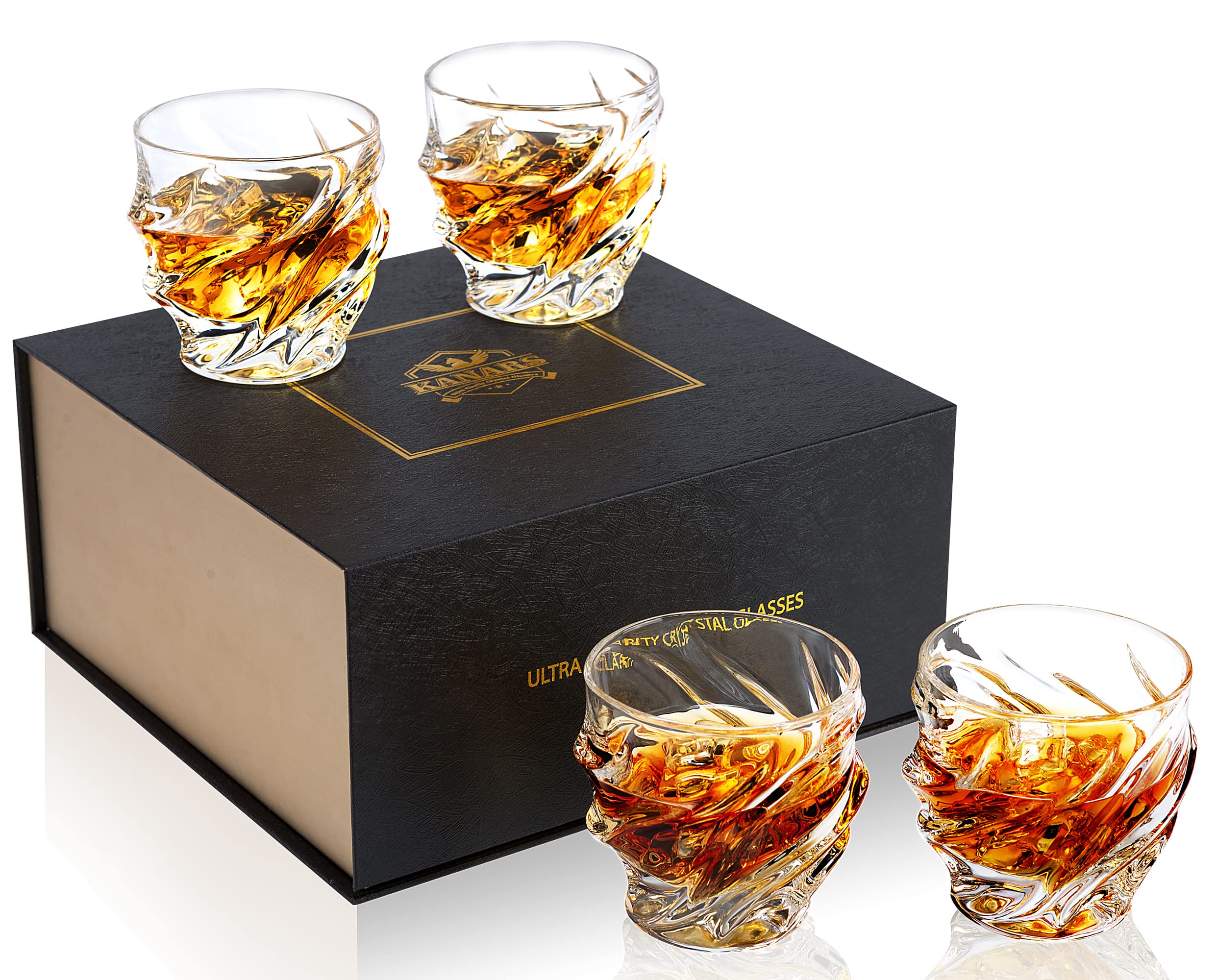 KANARS Whiskey Glasses for Men, 9 Oz Crystal Bourbon Glass Set of 4, Old Fashioned Rocks Barware for Scotch Cognac Vodka Cocktail Rum, Whisky Gifts Set