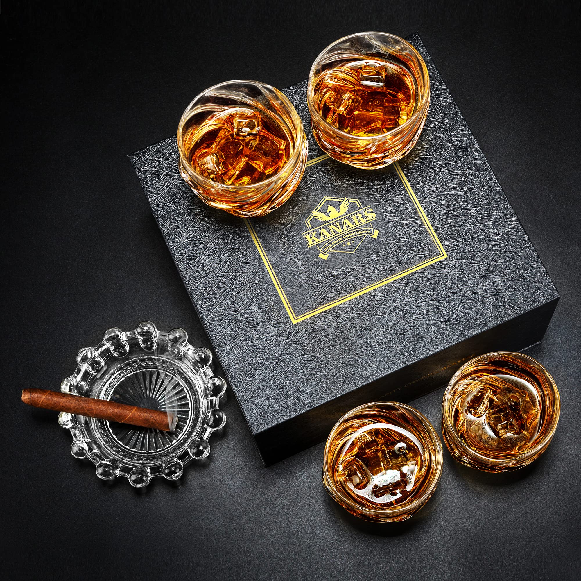 KANARS Whiskey Glasses for Men, 9 Oz Crystal Bourbon Glass Set of 4, Old Fashioned Rocks Barware for Scotch Cognac Vodka Cocktail Rum, Whisky Gifts Set