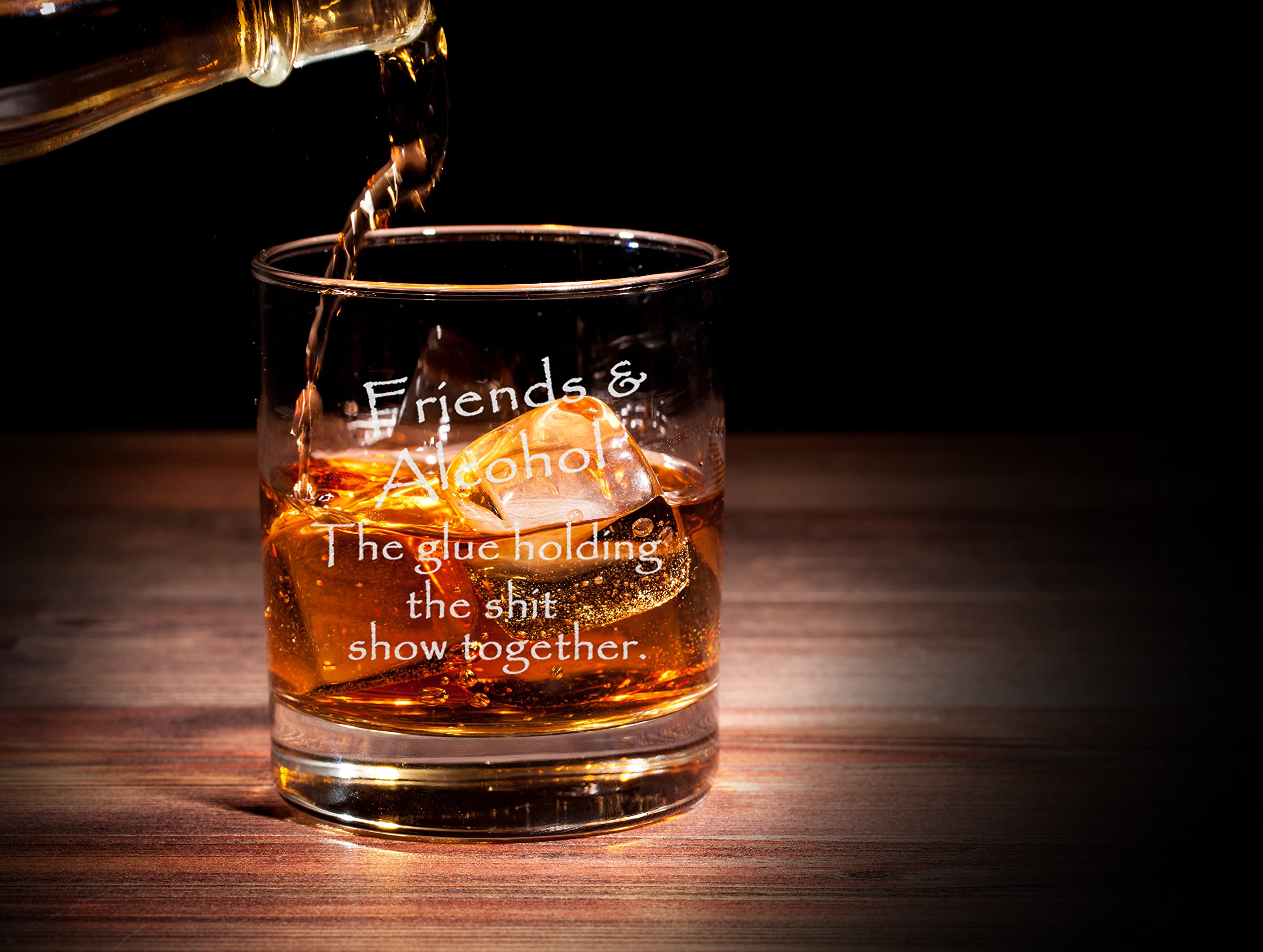 CARVELITA Friends & Alcohol The Glue Holding This Shit Show Together Engraved Whiskey Glass - 11oz Engraved Old Fashioned Rocks Glass - Sarcastic Gifts For Best Friends - Perfect Party Decoration Idea