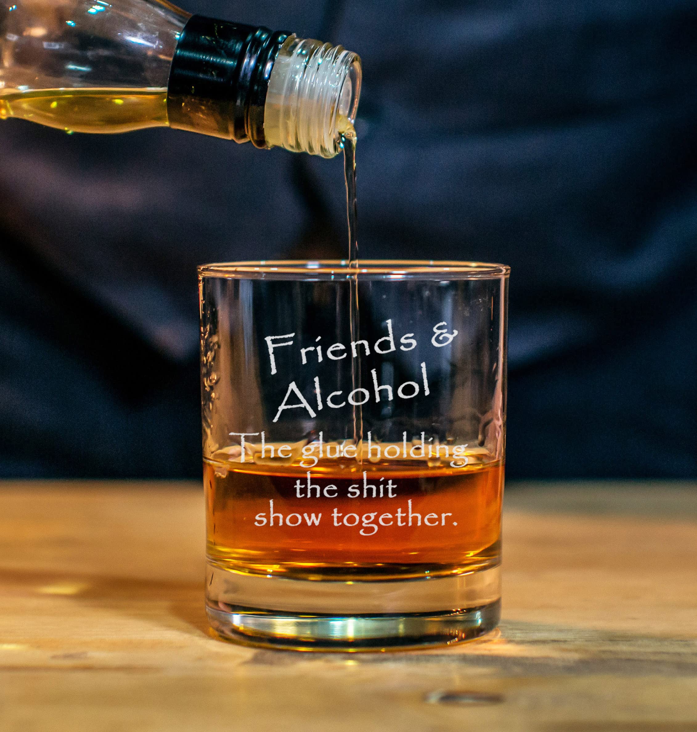 CARVELITA Friends & Alcohol The Glue Holding This Shit Show Together Engraved Whiskey Glass - 11oz Engraved Old Fashioned Rocks Glass - Sarcastic Gifts For Best Friends - Perfect Party Decoration Idea