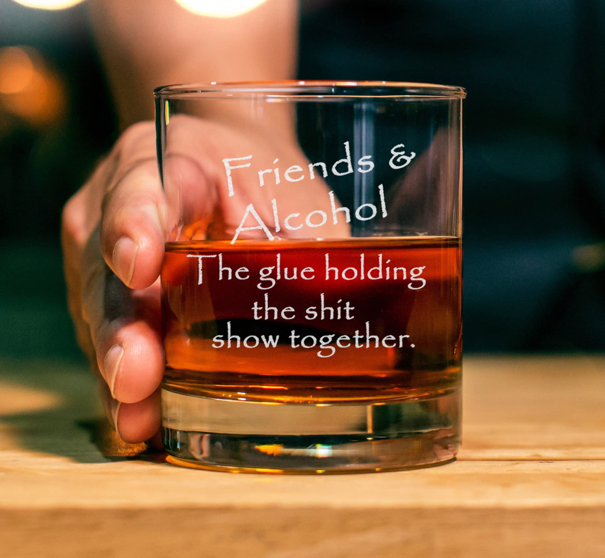 CARVELITA Friends & Alcohol The Glue Holding This Shit Show Together Engraved Whiskey Glass - 11oz Engraved Old Fashioned Rocks Glass - Sarcastic Gifts For Best Friends - Perfect Party Decoration Idea