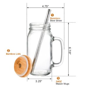 Tebery 4 Pack Mason Jar Cups with Bamboo Lids and Stainless Steel Straws, 24Oz Old Fashioned Drinking Jars Glass Bottles with Handle, Reusable Boba Cups for Iced Coffee Pearl Juices Cocktail