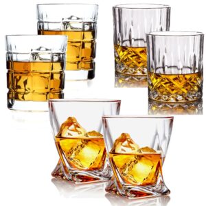 bezrat whiskey glasses set of 6 - multi style shot glasses - 10 oz scotch glasses - rocks glasses barware for scotch, bourbon, liquor and cocktail drinks, bourbon gifts for men