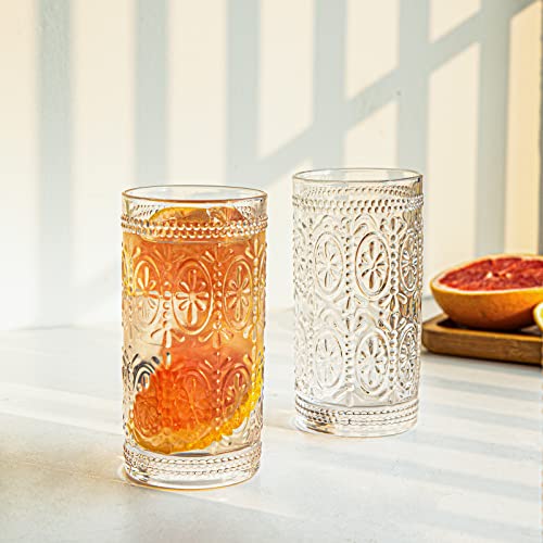 SoulTimes Vintage Glassware Embossed Glass Cups Set of 4, 12 oz Romantic Water Glasses, Highball Beverage Glasses Cup, Cocktail Glasses Drinking Glasses, for Juice, Beverages, Cocktail, Water