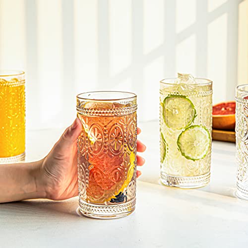 SoulTimes Vintage Glassware Embossed Glass Cups Set of 4, 12 oz Romantic Water Glasses, Highball Beverage Glasses Cup, Cocktail Glasses Drinking Glasses, for Juice, Beverages, Cocktail, Water