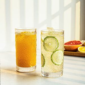 SoulTimes Vintage Glassware Embossed Glass Cups Set of 4, 12 oz Romantic Water Glasses, Highball Beverage Glasses Cup, Cocktail Glasses Drinking Glasses, for Juice, Beverages, Cocktail, Water