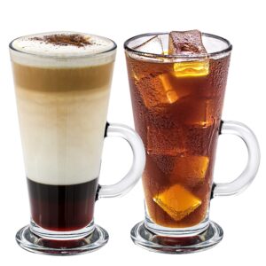 crystalia tall irish coffee mugs with handle, large colombian glasses set of 2, tall funnel clear glasses for iced coffee, latte, cappuccino, and hot chocolate, big plain glasses (large 12 oz)