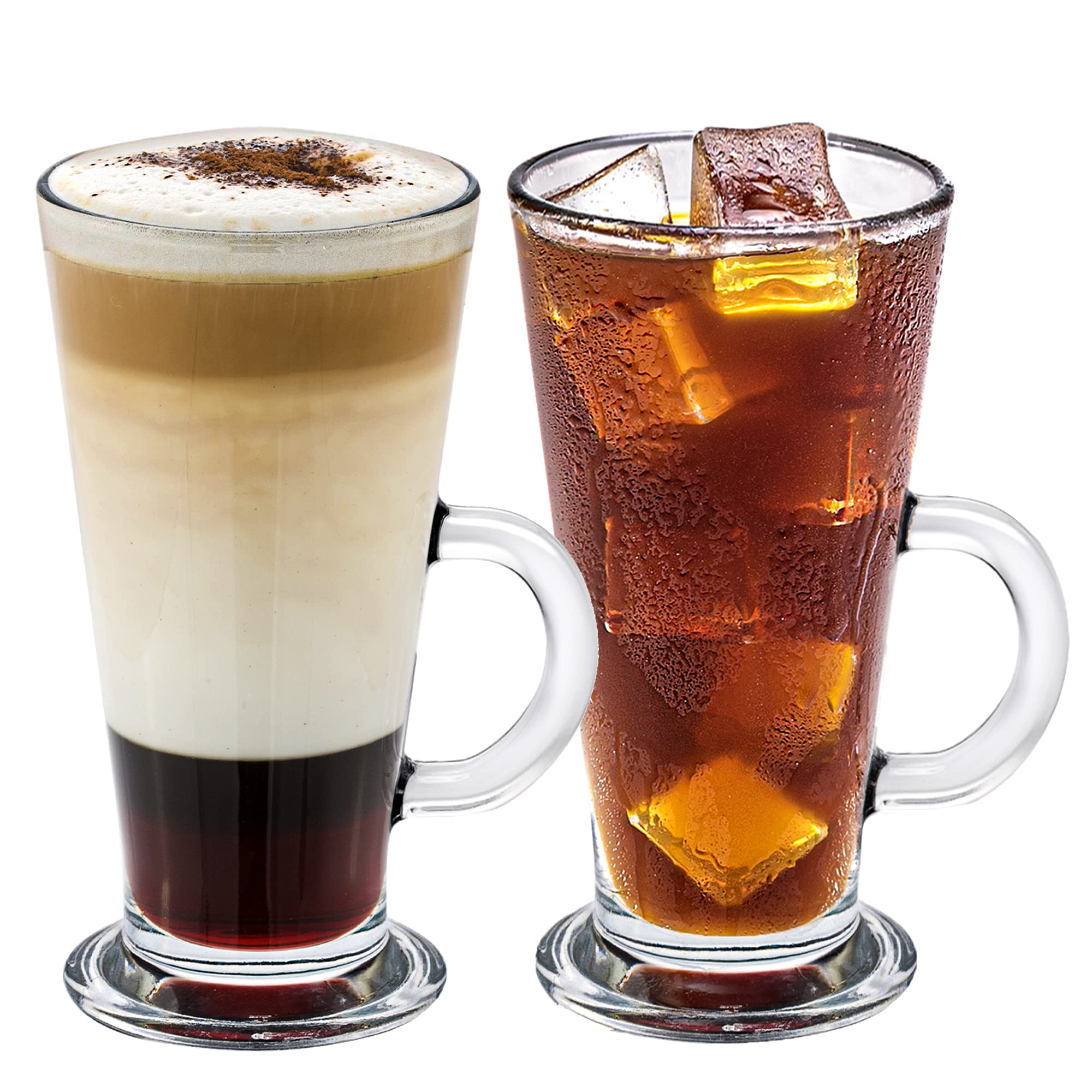 Crystalia Tall Irish Coffee Mugs with Handle, Large Colombian Glasses Set of 2, Tall Funnel Clear Glasses for Iced Coffee, Latte, Cappuccino, and Hot Chocolate, Big Plain Glasses (Large 12 oz)
