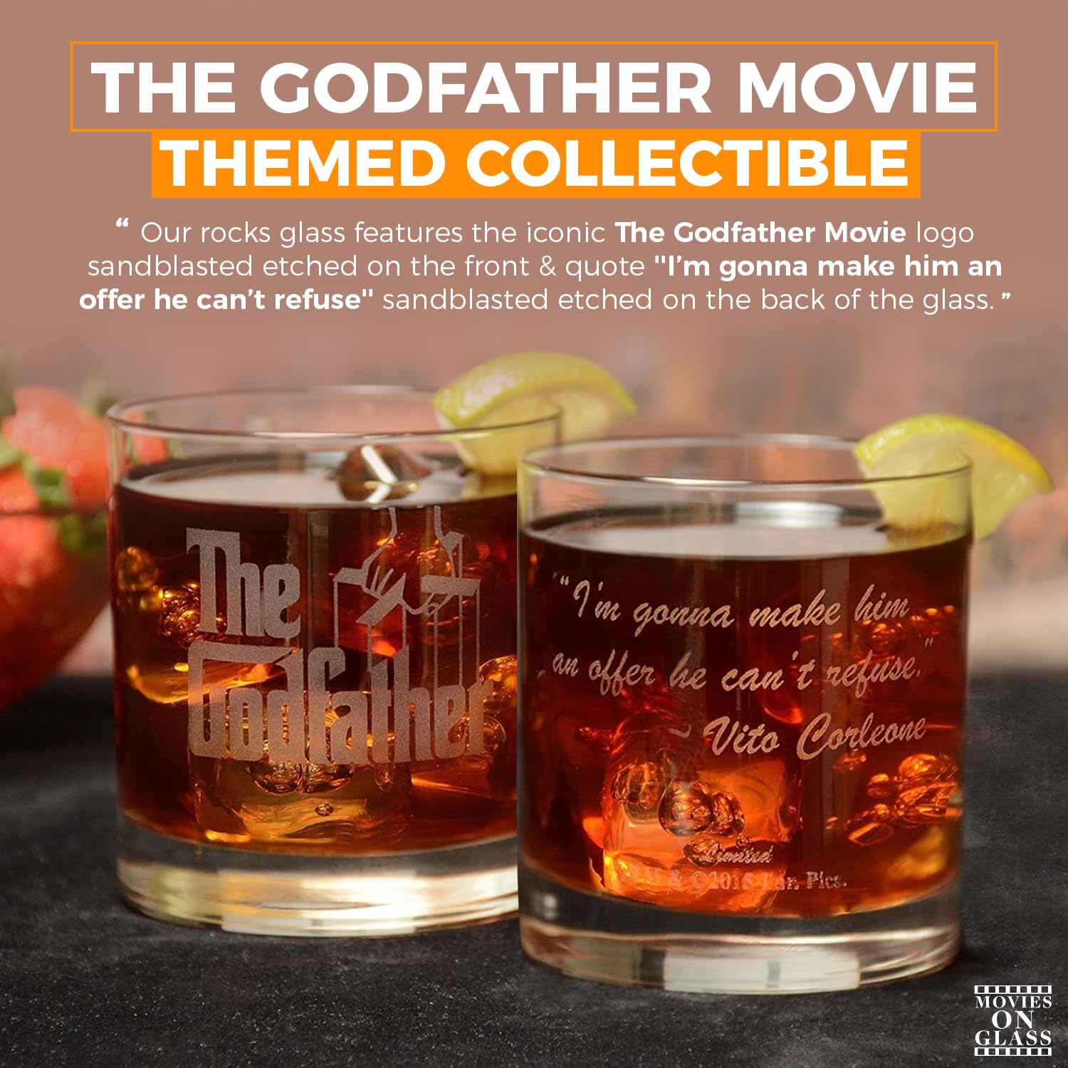 The Godfather Etched Whiskey Glass - with Logo & Quote ''I’m gonna make him an offer he can’t refuse'' - Officially Licensed, Premium Quality, Handcrafted Glassware, 11 oz. Collectible Rocks Glass