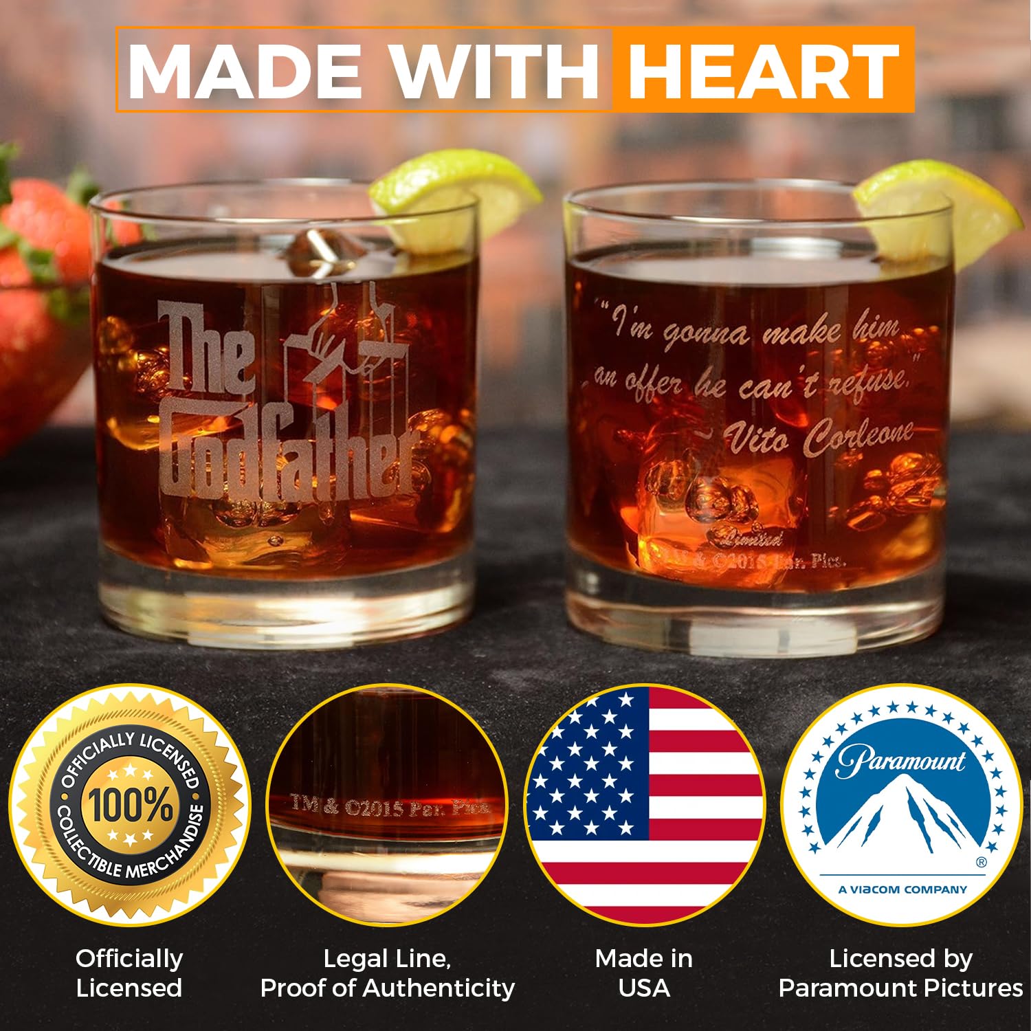 The Godfather Etched Whiskey Glass - with Logo & Quote ''I’m gonna make him an offer he can’t refuse'' - Officially Licensed, Premium Quality, Handcrafted Glassware, 11 oz. Collectible Rocks Glass