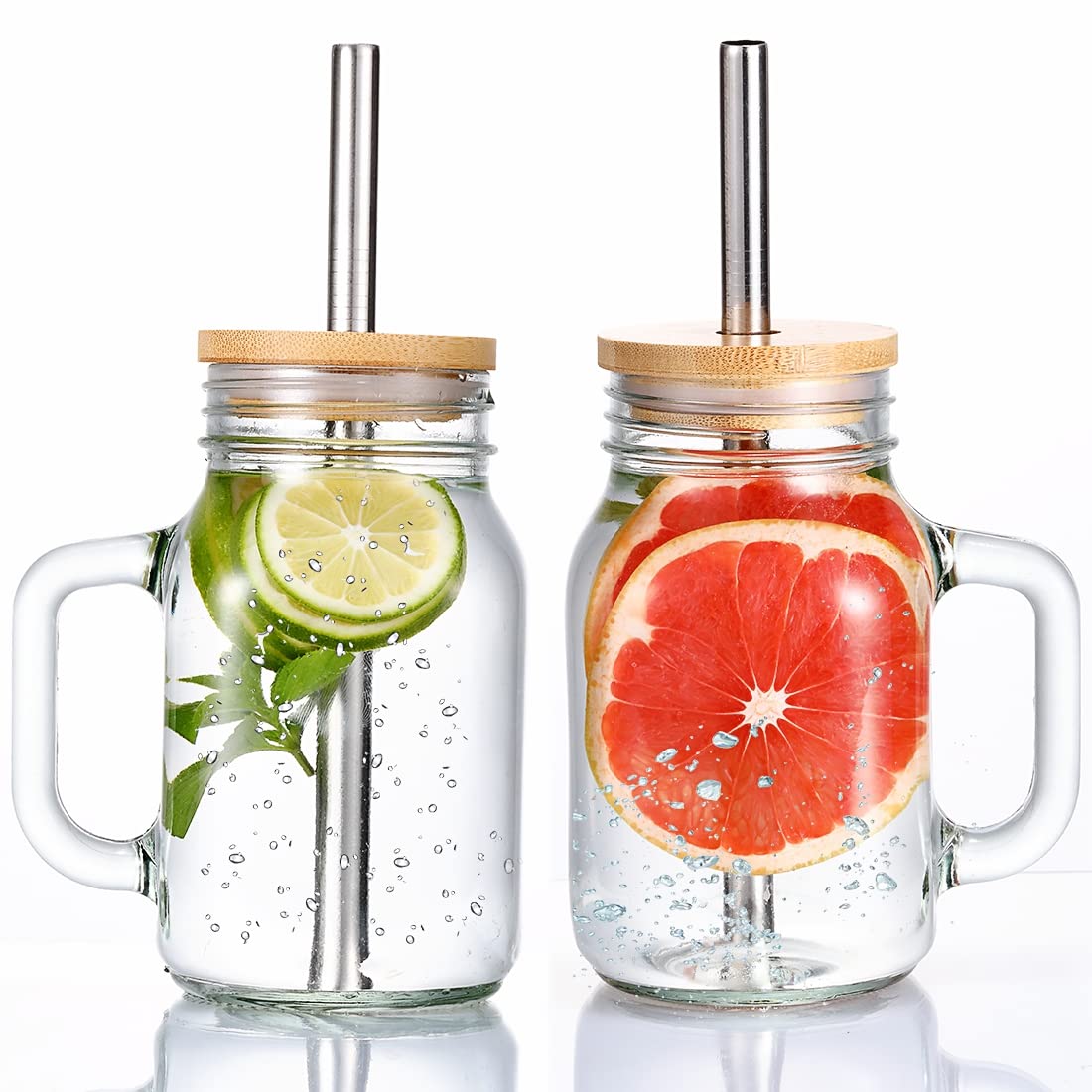 AmzFan Mason Jar with Lid and Straw, 2 Pack 20 OZ Mason Jars with Handle, Mason Jar Cups, Drinking Glasses Tumbler Reusable Boba Cups Smoothie Water Bottles for Iced Coffee, Milkshake, Smoothie, Tea