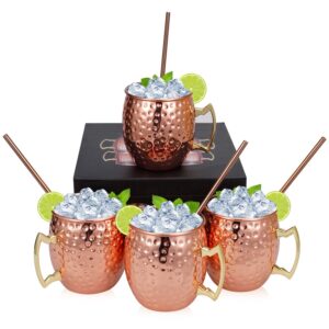 set of 4 copper hammered moscow mule mugs drinking cup with 4 copper straws, great dining entertaining bar gift set