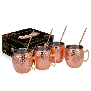 Set of 4 Copper Hammered Moscow Mule Mugs Drinking Cup with 4 Copper Straws, Great Dining Entertaining Bar Gift Set