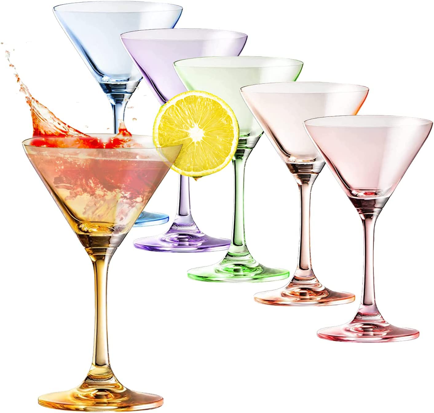 The Wine Savant Martini Glasses Set of 6, 8oz, Crystal Luxury Martini Glass - Elegant Colors, Hand-Blown, Art Deco Cocktail Colored Coupes For Manhattan, Cosmopolitan, Sidecar, Stemmed Goblets