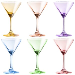 The Wine Savant Martini Glasses Set of 6, 8oz, Crystal Luxury Martini Glass - Elegant Colors, Hand-Blown, Art Deco Cocktail Colored Coupes For Manhattan, Cosmopolitan, Sidecar, Stemmed Goblets