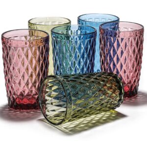 zoofox set of 6 colored drinking glasses, 12oz embossed tumblers with heavy base, bpa-free, vintage glassware set for wedding or parties
