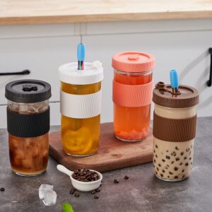 HEFBCOMK 2 Pack Reusable Boba Cup, 24Oz Wide Mouth Smoothie Cups,Bubble Tea Cup with Lid and Straws, Iced CoffeeCups, Leakproof Mason Jars Glass Cups, Travel Drinking Bottle (Coffee)