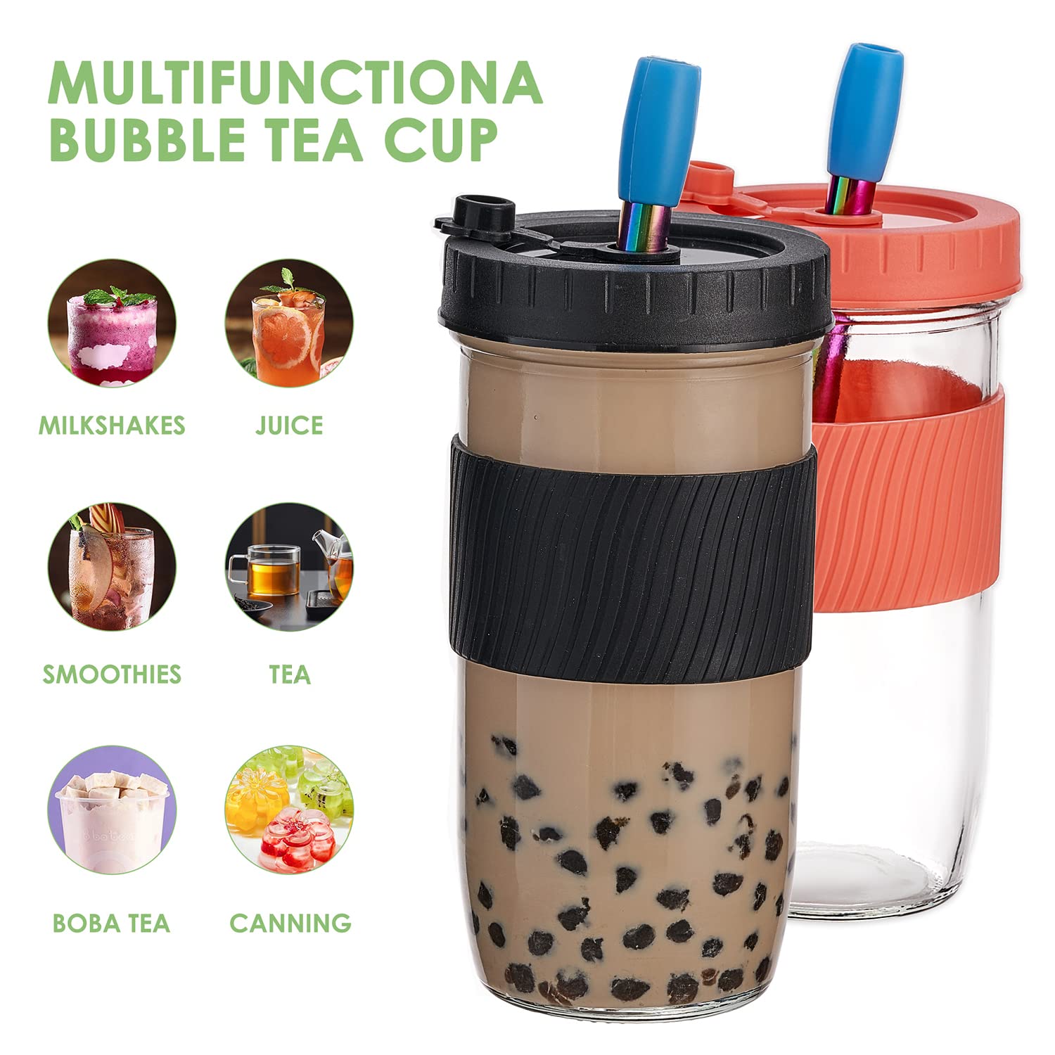 HEFBCOMK 2 Pack Reusable Boba Cup, 24Oz Wide Mouth Smoothie Cups,Bubble Tea Cup with Lid and Straws, Iced CoffeeCups, Leakproof Mason Jars Glass Cups, Travel Drinking Bottle (Coffee)