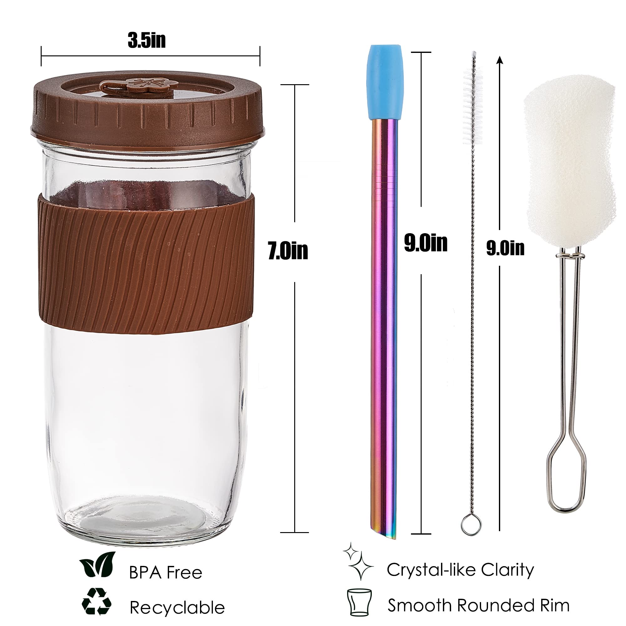 HEFBCOMK 2 Pack Reusable Boba Cup, 24Oz Wide Mouth Smoothie Cups,Bubble Tea Cup with Lid and Straws, Iced CoffeeCups, Leakproof Mason Jars Glass Cups, Travel Drinking Bottle (Coffee)