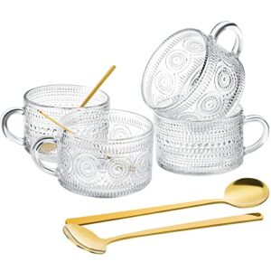 4 pcs vintage glass coffee mugs 14 oz clear embossed tea cups with 4 pcs spoons stackable drinking glasses for cappuccino water milk yogurt beverage gift for family and friends