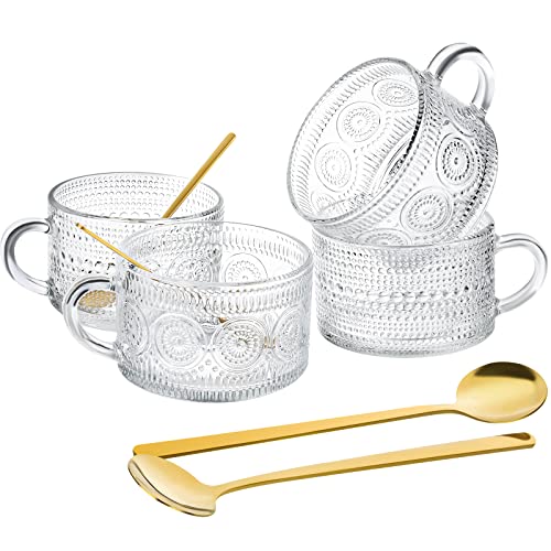 4 Pcs Vintage Glass Coffee Mugs 14 Oz Clear Embossed Tea Cups with 4 Pcs Spoons Stackable Drinking Glasses for Cappuccino Water Milk Yogurt Beverage Gift for Family and Friends