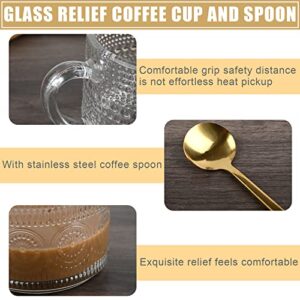 4 Pcs Vintage Glass Coffee Mugs 14 Oz Clear Embossed Tea Cups with 4 Pcs Spoons Stackable Drinking Glasses for Cappuccino Water Milk Yogurt Beverage Gift for Family and Friends