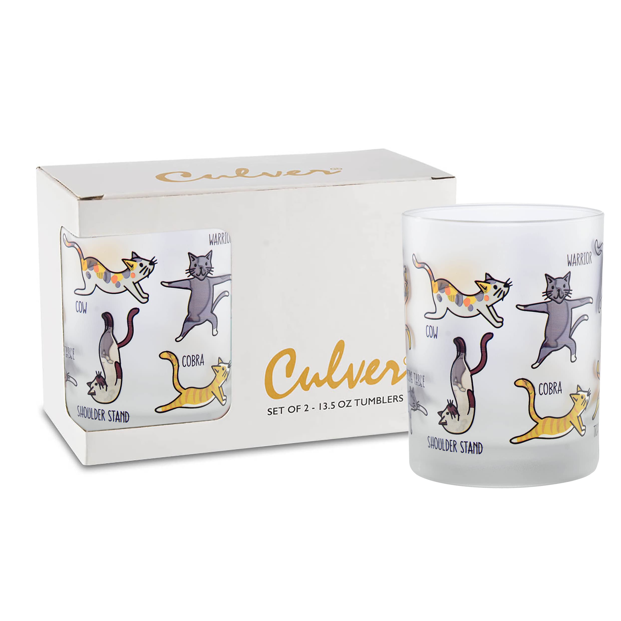 Culver Everyday Decorated Frosted Double Old Fashioned Tumbler Glasses, 13.5-Ounce, Gift Boxed Set of 2 (Kitty Yoga Cats)