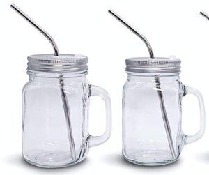 home suave 20 oz mason jar mug with handle, regular mouth, lids with 2 reusable stainless steel straw, set of 2 (silver), kitchen glass 20 oz jars, dishwasher safe