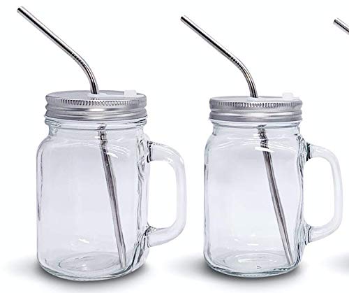 Home Suave 20 oz Mason Jar Mug with Handle, Regular Mouth, Lids with 2 Reusable Stainless Steel Straw, Set of 2 (Silver), Kitchen Glass 20 oz Jars, Dishwasher Safe