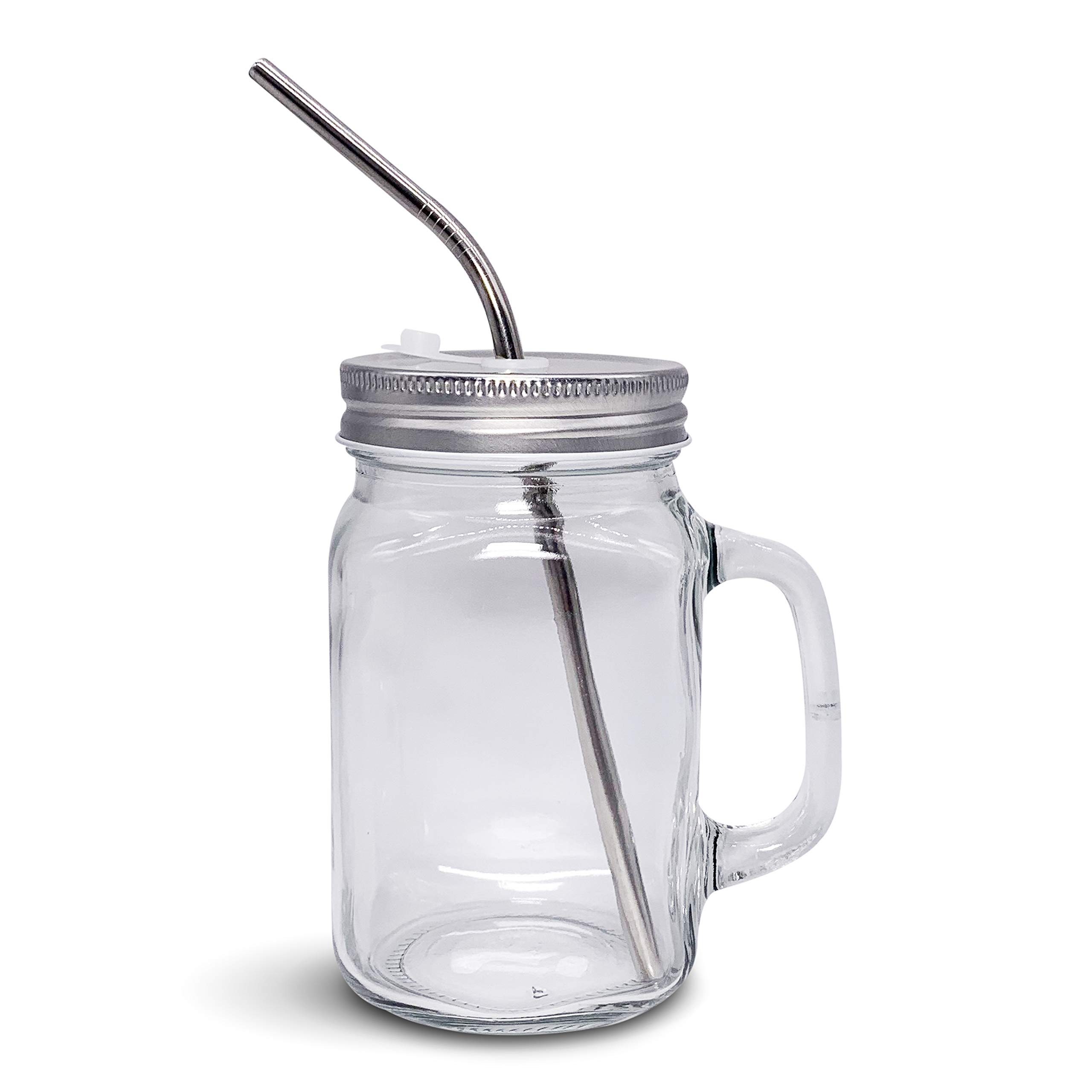 Home Suave 20 oz Mason Jar Mug with Handle, Regular Mouth, Lids with 2 Reusable Stainless Steel Straw, Set of 2 (Silver), Kitchen Glass 20 oz Jars, Dishwasher Safe