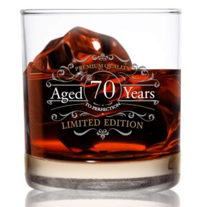 vintage edition birthday whiskey scotch glass (70th anniversary) 11 oz- vintage happy birthday old fashioned whiskey glasses for 70 year old- classic lowball rocks glass- birthday, reunion gift