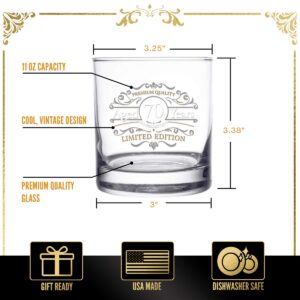 Vintage Edition Birthday Whiskey Scotch Glass (70th Anniversary) 11 oz- Vintage Happy Birthday Old Fashioned Whiskey Glasses for 70 Year Old- Classic Lowball Rocks Glass- Birthday, Reunion Gift