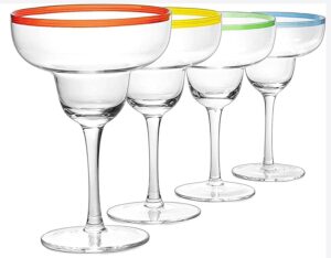 12 oz margarita cocktail glasses + colorful party rims | set of 4 | heavy duty, thick, hand blown, classic frozen drinks stemware + fun mexican gift box, great gifts! fiesta party decoration glasses