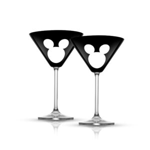 joyjolt disney luxury mickey mouse martini glasses, european crystal drinking glasses set of 2, 10oz cocktail glasses. xmas disney stuff, gifts and cups. black drinking glasses, disney glassware