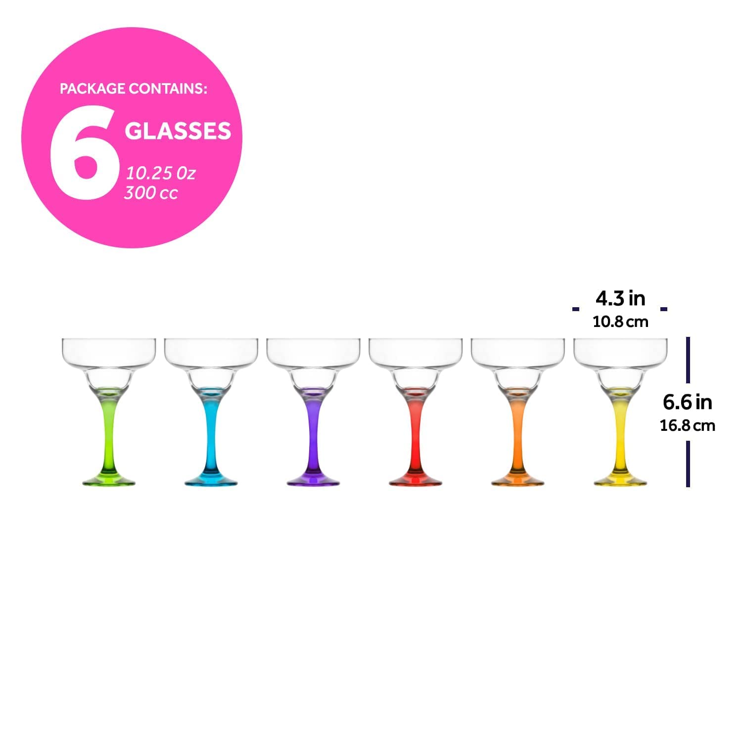 lav Margarita Glasses Set of 6 - Margarita Cocktail Glasses 10.25 oz - Multi Colored and Clear Stems Set of 6 - Classic Cocktail Drinking Glasses for Frozen Drinks