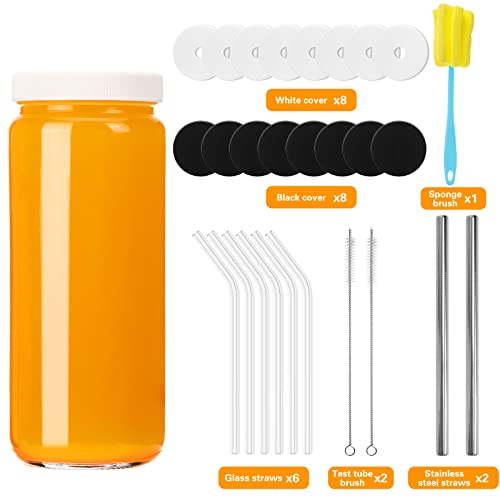 CUCUMI 8pcs 16oz Glass Juice Bottles with Lids, Reusable Juice Containers Drinking Jars Water Cups with Brush, Glass Straws, Lids with Hole and Blank Labels