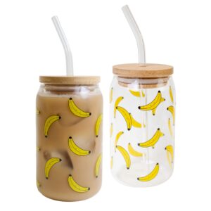 banana pop-art cup, tumbler, iced coffee cup, bamboo lid, glass straw, 12 oz drinking glass, beer can shaped glass, mason jar, banana gift, banana accessories, banana cup, iced tea, lemonade cup