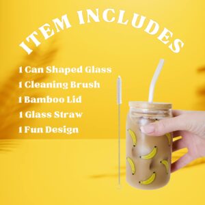 BANANA POP-ART CUP, TUMBLER, ICED COFFEE CUP, BAMBOO LID, GLASS STRAW, 12 OZ DRINKING GLASS, BEER CAN SHAPED GLASS, MASON JAR, BANANA GIFT, BANANA ACCESSORIES, BANANA CUP, ICED TEA, LEMONADE CUP