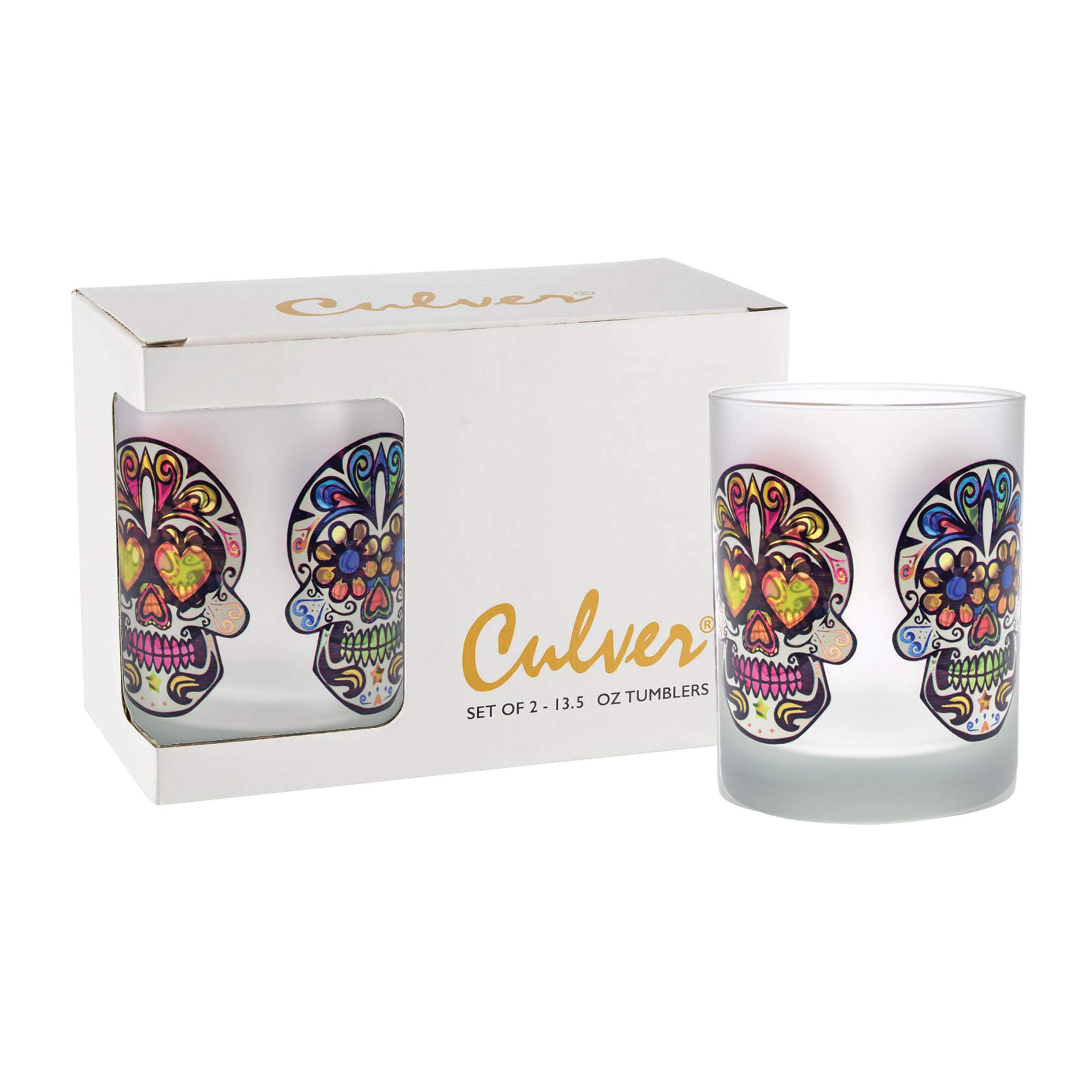 Culver Festive Sugar Skulls Decorated Double Old Fashioned Tumbler Glasses, 13.5-Ounce, Gift Boxed Set of 2 (Frosted)