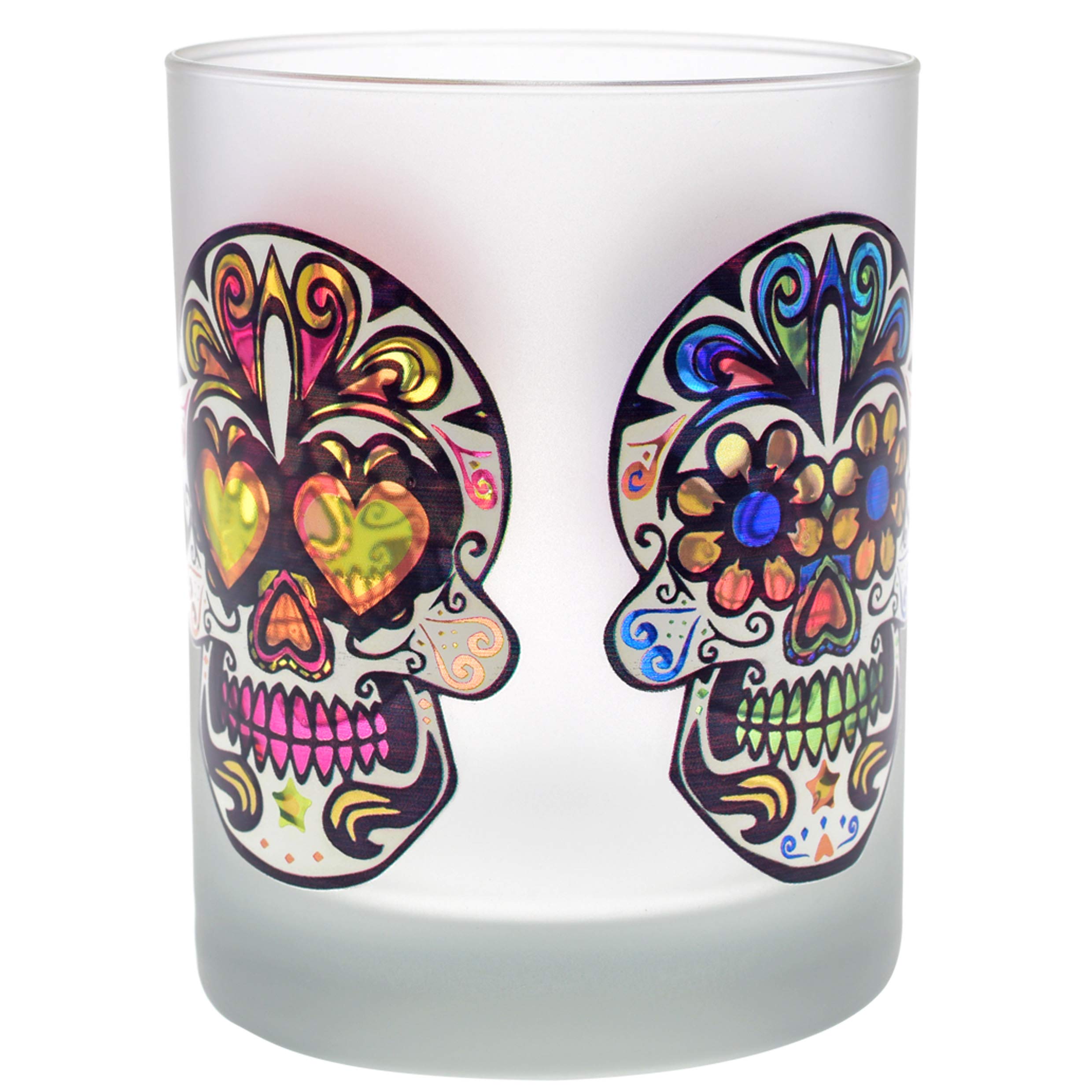 Culver Festive Sugar Skulls Decorated Double Old Fashioned Tumbler Glasses, 13.5-Ounce, Gift Boxed Set of 2 (Frosted)