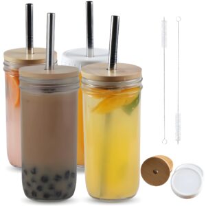 [pack of 4] mason jar glass cups with lids and straws 24 oz, smoothie boba cup with bamboo lids, reusable glass iced coffee cups, wide mouth bubble tea cup, leak proof glass tumbler drinking