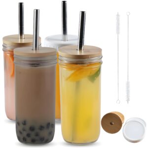 [Pack of 4] Mason Jar Glass Cups With Lids And Straws 24 Oz, Smoothie Boba cup With Bamboo Lids, Reusable Glass Iced Coffee Cups, Wide Mouth Bubble Tea Cup, Leak Proof Glass tumbler Drinking