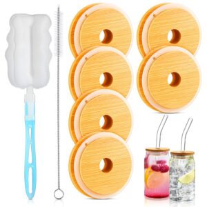 16 oz beer glasses lids with straw hole drinking glass cups anticorrosion beer can cups lids bamboo lids with brush for 16 oz canned beer glasses jar glasses and cans (6 pack)