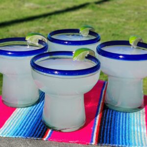 Dos Sueños Mexican Hand Blown Glass – Set of 4 Hand Blown Stemless Blue Rim Margarita Glasses (14oz)