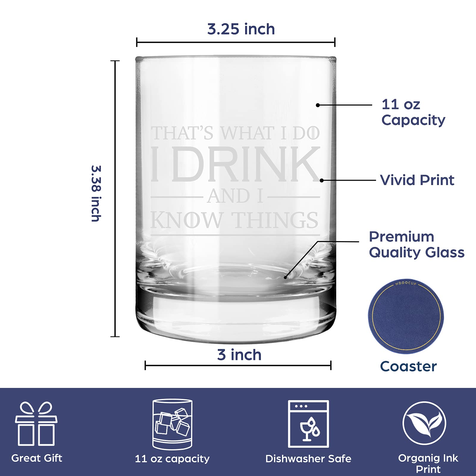 I Drink and I Know Things Funny Premium Whiskey Glasses for Men, Women, Adults, Personalized Drink Glass Birthday Gifts for Friends, Mom, Dad, Man, Coworkers, Unique Gifts for Him, Friends, 11 oz