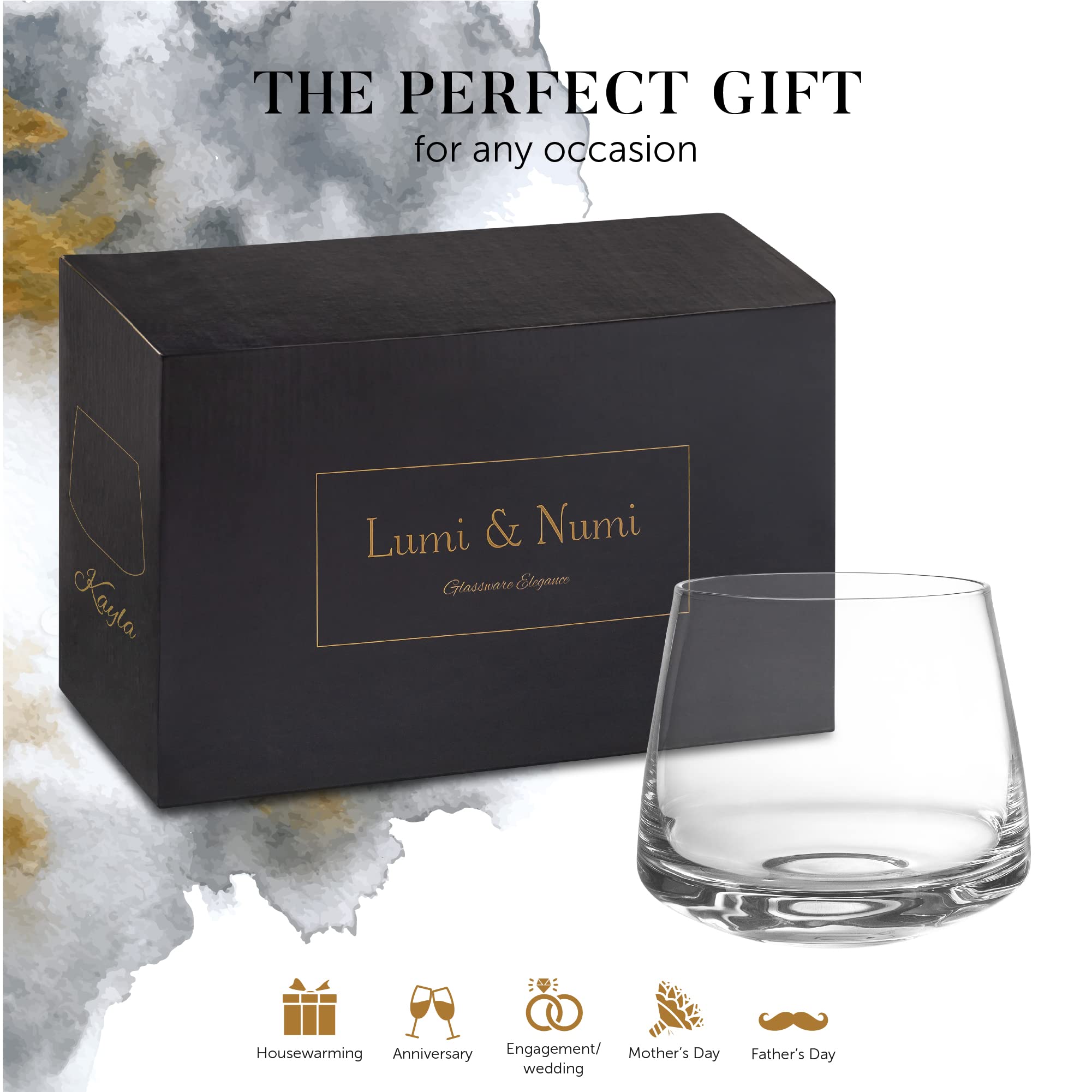 Lumi and Numi Set of 2 Whiskey Glasses – 12 Oz. Scotch & Bourbon Glass – Handblown Lead-Free Crystal for Entertaining and Gifting