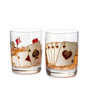 the wine savant playing cards drinking glasses - artisanal hand painted players casino set of 2 water, wine & whiskey glasses crystal glassware - gift idea for him, birthday, housewarming - 12oz