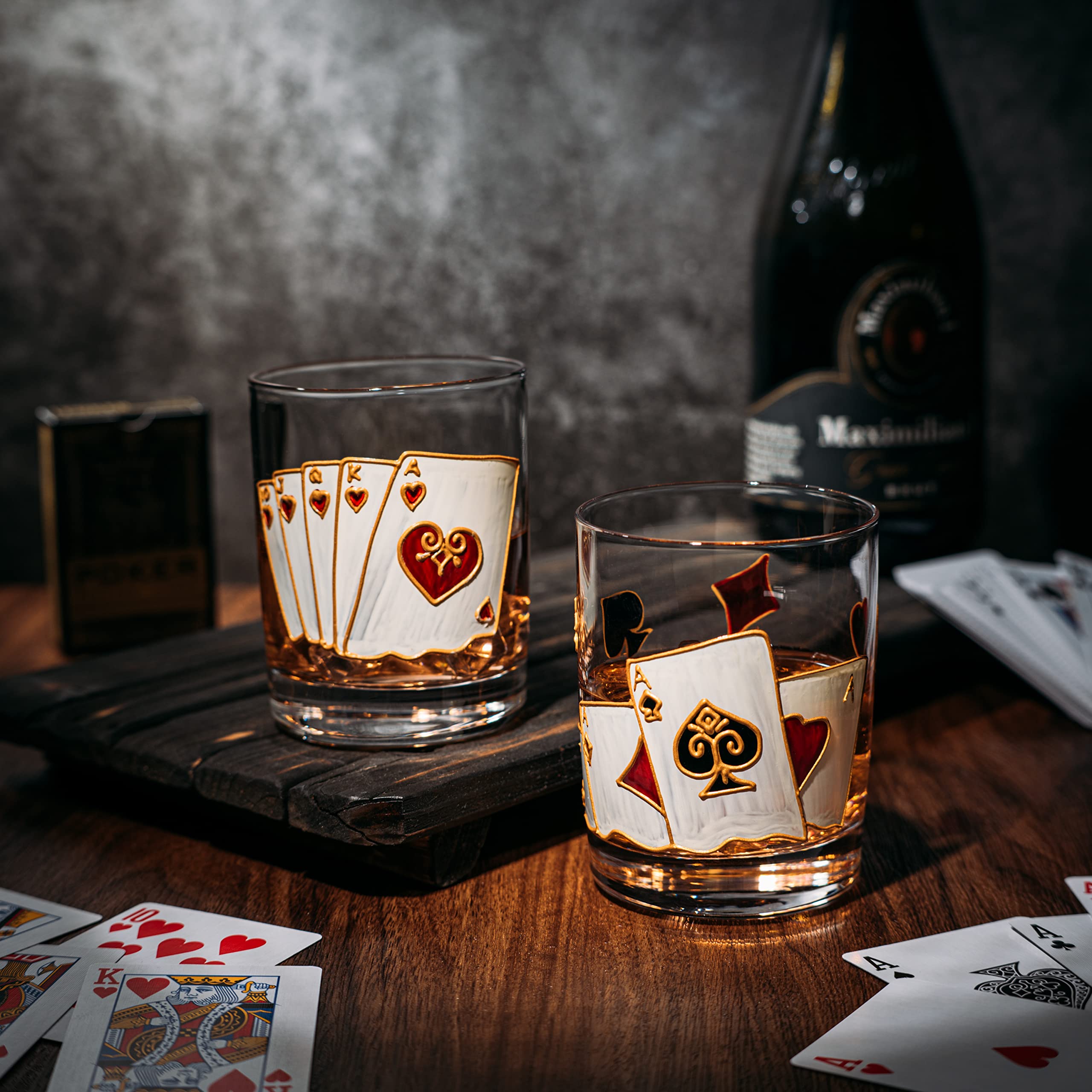 The Wine Savant Playing Cards Drinking Glasses - Artisanal Hand Painted Players Casino Set of 2 Water, Wine & Whiskey Glasses Crystal Glassware - Gift Idea for Him, Birthday, Housewarming - 12oz